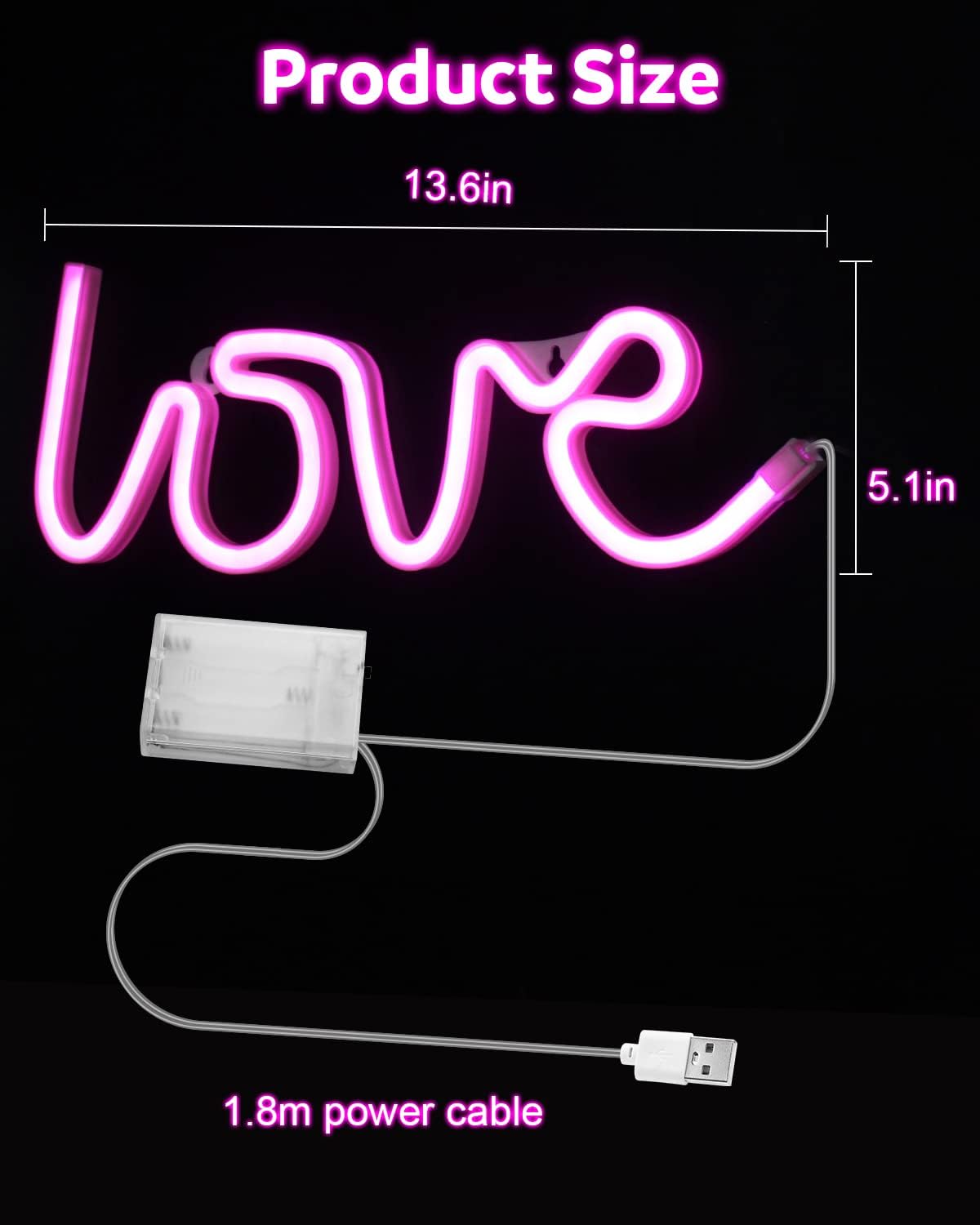 Love Neon LED Light Sign Table Decoration, Gifts, Night Light with USB, (Pink)