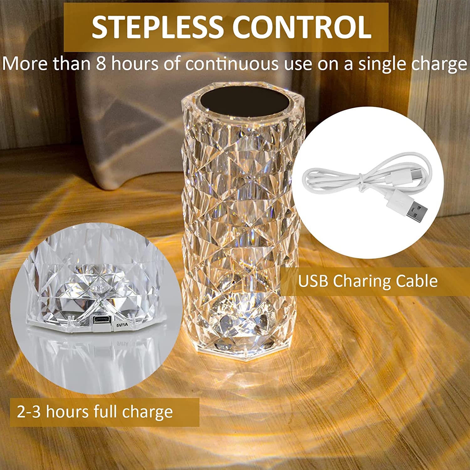 Xergy Crystal Table Lamp, 3 Color Changing Rose Diamond Night Light