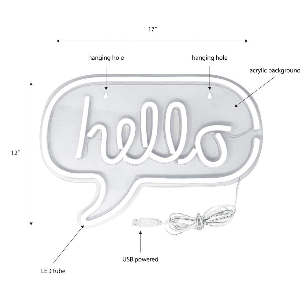 Neon Light Wall Art Sign 17” x 12” inch Hello Sign LED Word Bubble (Pack of 1)