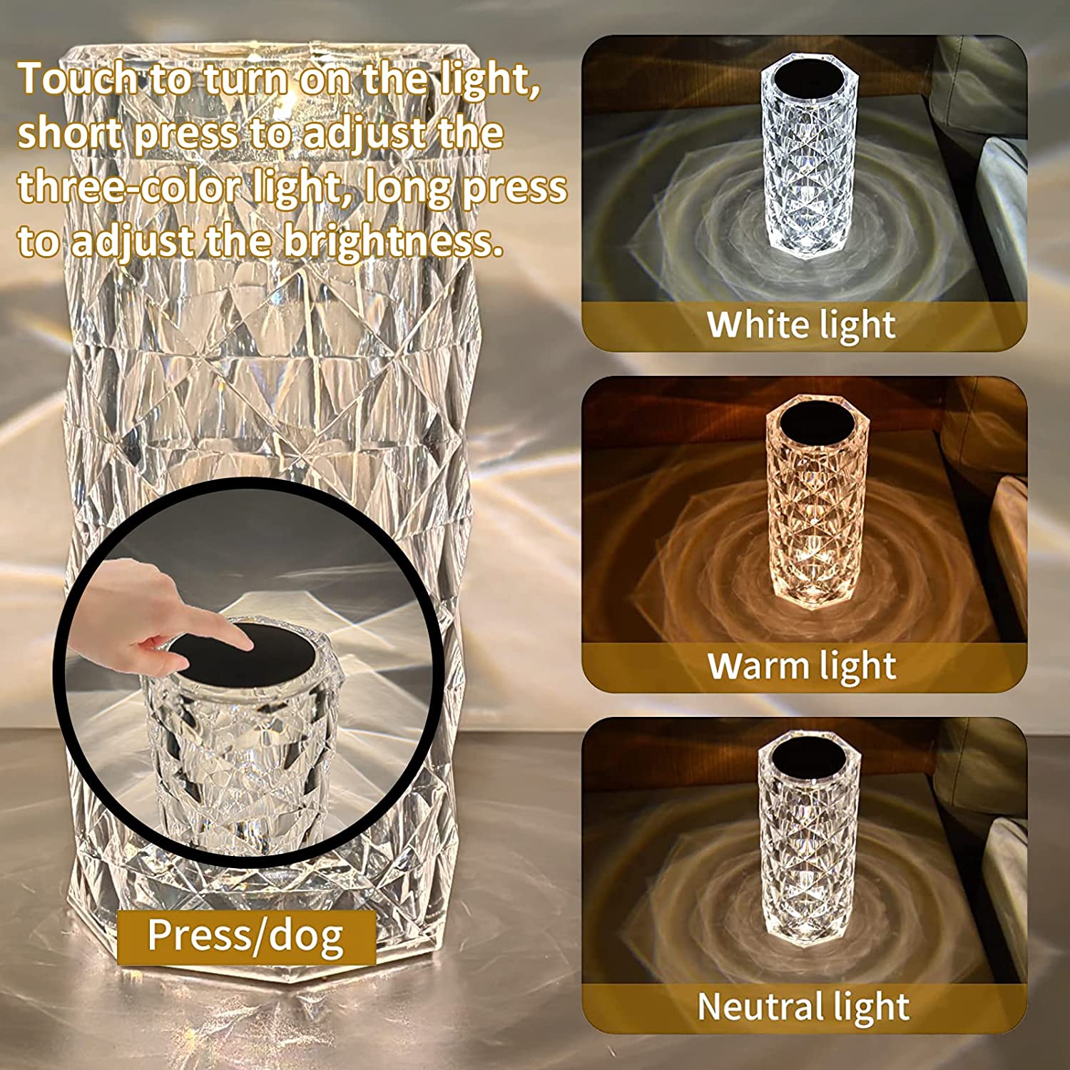 Xergy Crystal Table Lamp, 3 Color Changing Rose Diamond Night Light