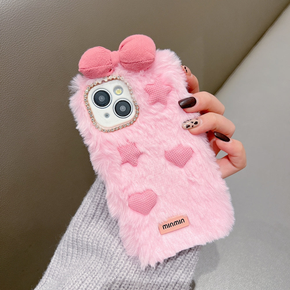 Bow Pattern Furry Soft Phone Case with Furry Bracelet - iPhone 16 Pro Max