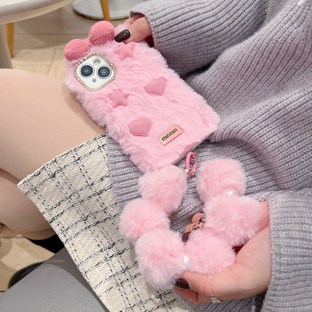 Bow Pattern Furry Soft Phone Case with Furry Bracelet - iPhone 16 Pro Max