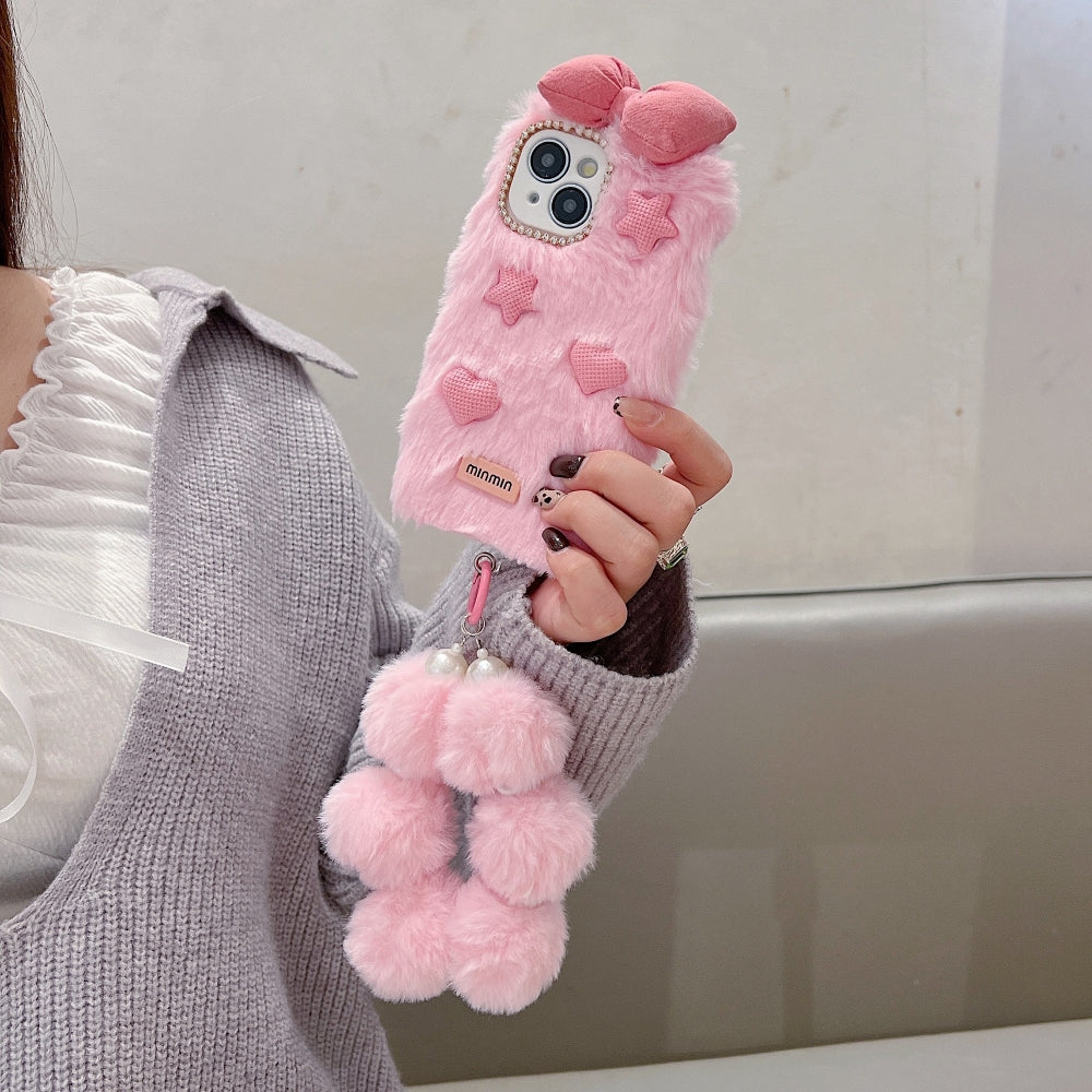 Bow Pattern Furry Soft Phone Case with Furry Bracelet - iPhone 16 Pro Max