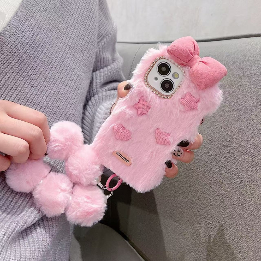 Bow Pattern Furry Soft Phone Case with Furry Bracelet - iPhone 16 Pro Max