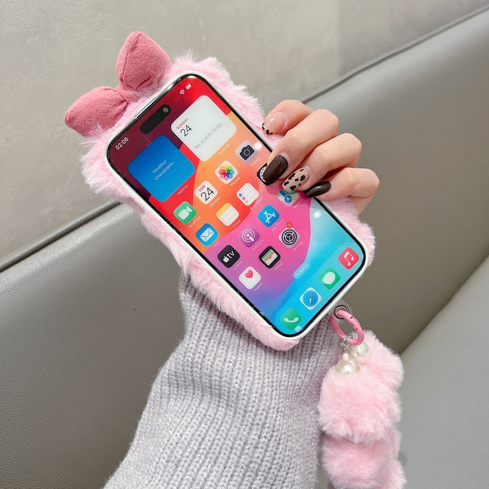 Bow Pattern Furry Soft Phone Case with Furry Bracelet - iPhone 16 Pro Max