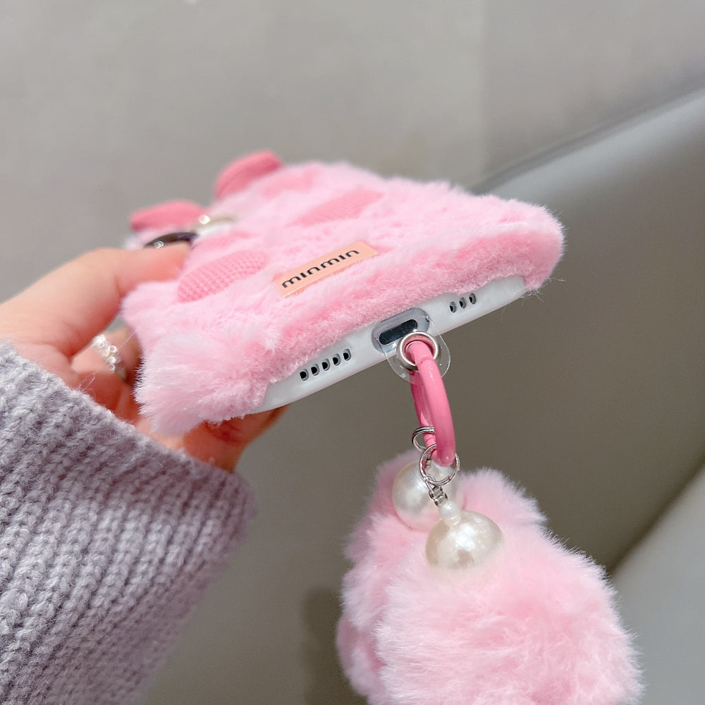 Bow Pattern Furry Soft Phone Case with Furry Bracelet - iPhone 16 Pro Max