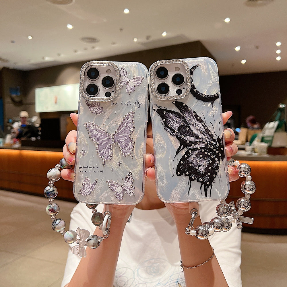 Printed Butterfly Stone Pattern TPU (Soft) | PC (Hard) Phone Case with Bracelet - iPhone 14 Plus