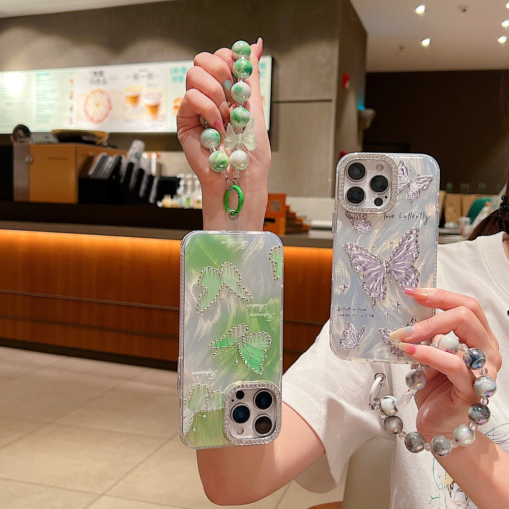 Printed Butterfly Stone Pattern TPU (Soft) | PC (Hard) Phone Case with Bracelet - iPhone 14 Plus