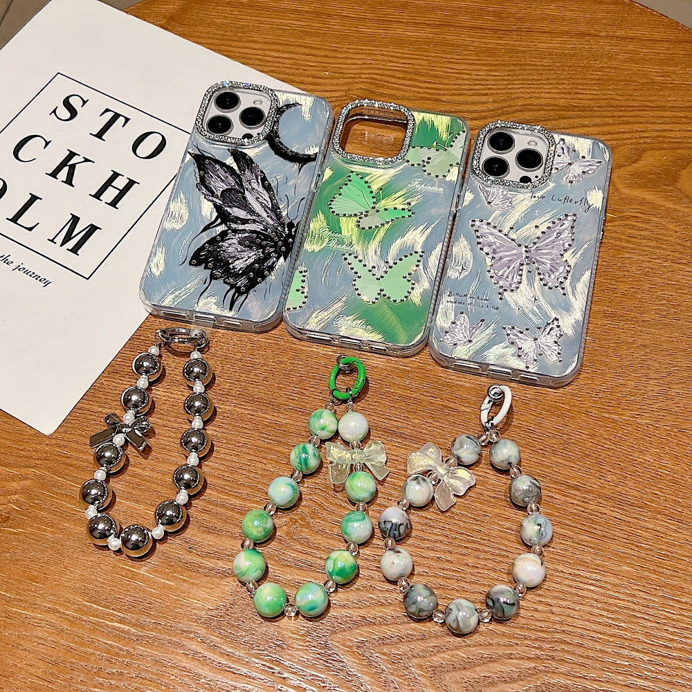 Printed Butterfly Stone Pattern TPU (Soft) | PC (Hard) Phone Case with Bracelet - iPhone 14 Plus