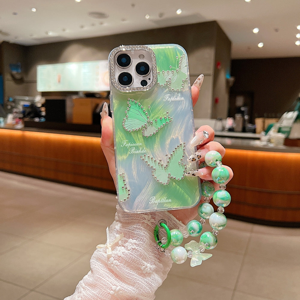 Printed Butterfly Stone Pattern TPU (Soft) | PC (Hard) Phone Case with Bracelet - iPhone 14 Plus