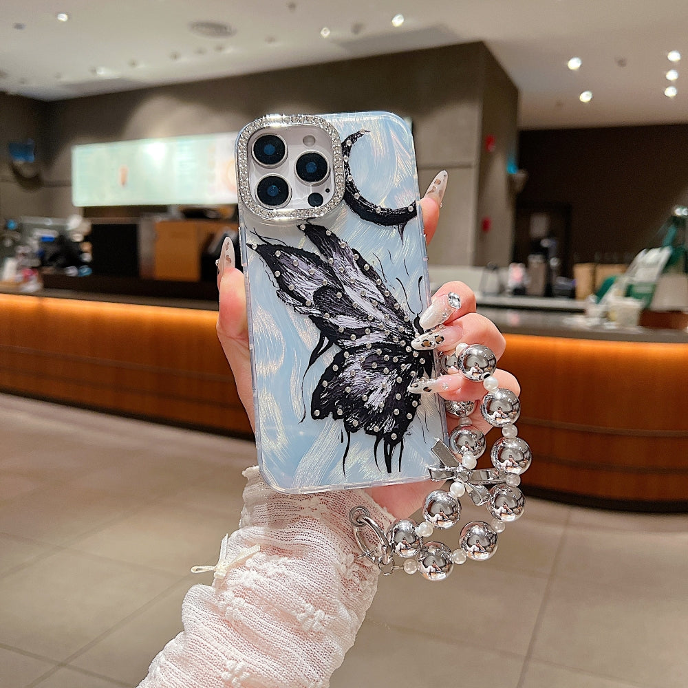 Printed Butterfly Stone Pattern TPU (Soft) | PC (Hard) Phone Case with Bracelet - iPhone 14 Plus