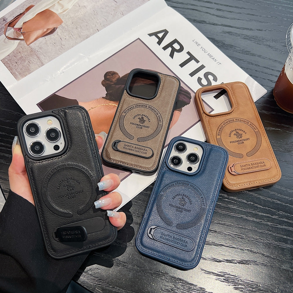 Wireless Charging PU Leather Rugged Kickstand Phone Case - iPhone 16 Pro