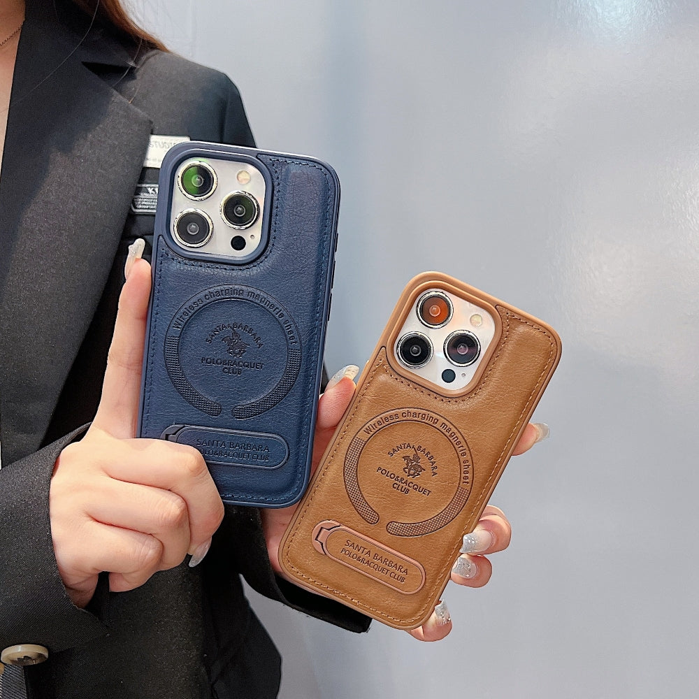 Wireless Charging PU Leather Rugged Kickstand Phone Case - iPhone 16 Pro