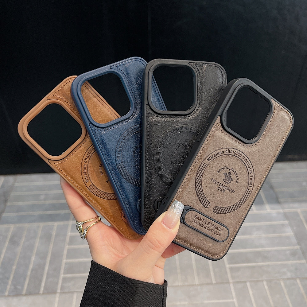 Wireless Charging PU Leather Rugged Kickstand Phone Case - iPhone 16 Pro