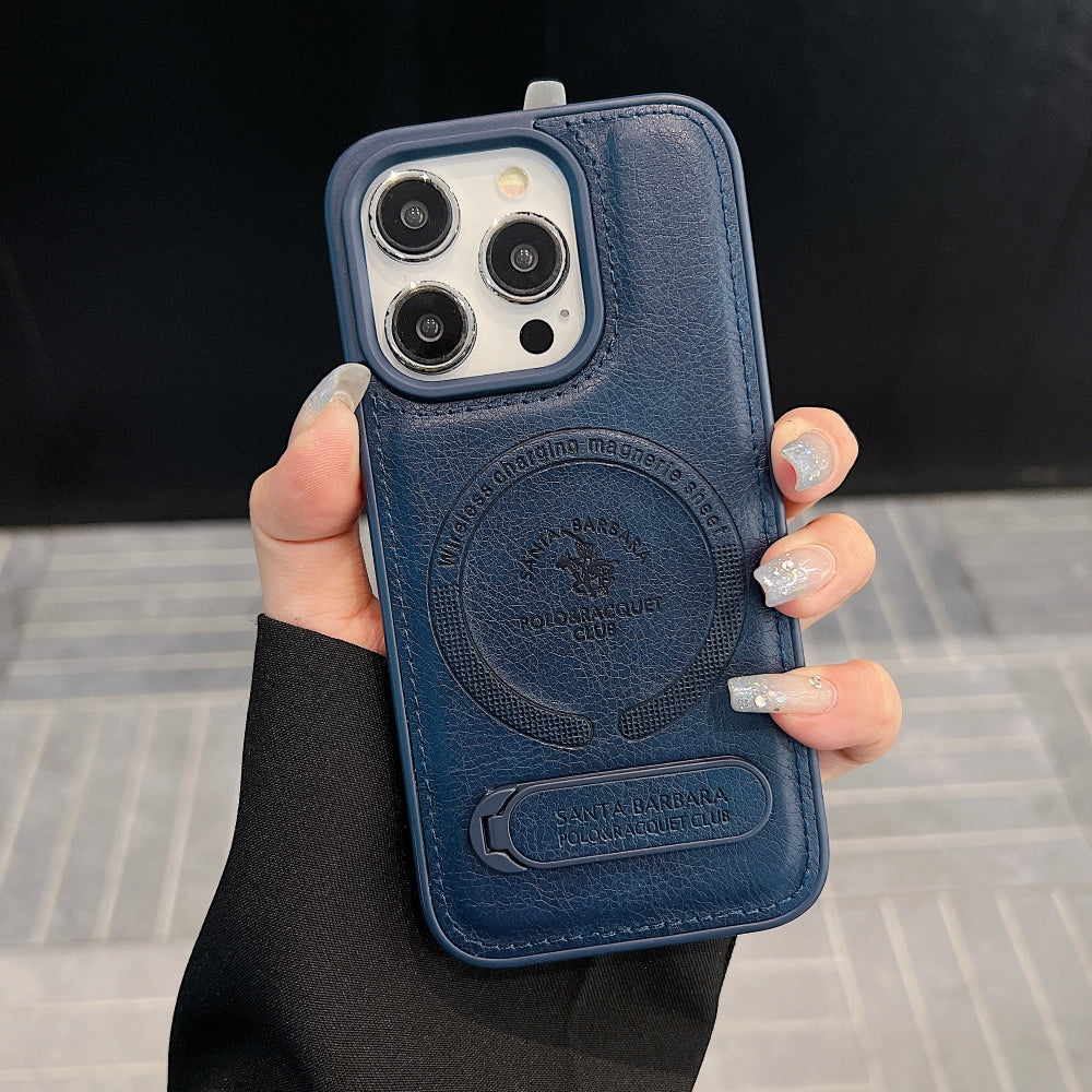 Wireless Charging PU Leather Rugged Kickstand Phone Case - iPhone 16 Pro