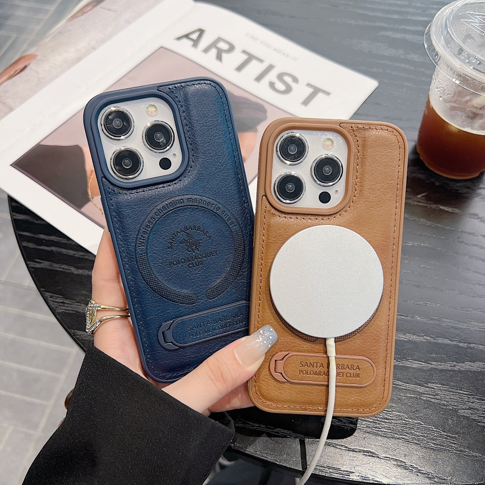 Wireless Charging PU Leather Rugged Kickstand Phone Case - iPhone 16 Pro