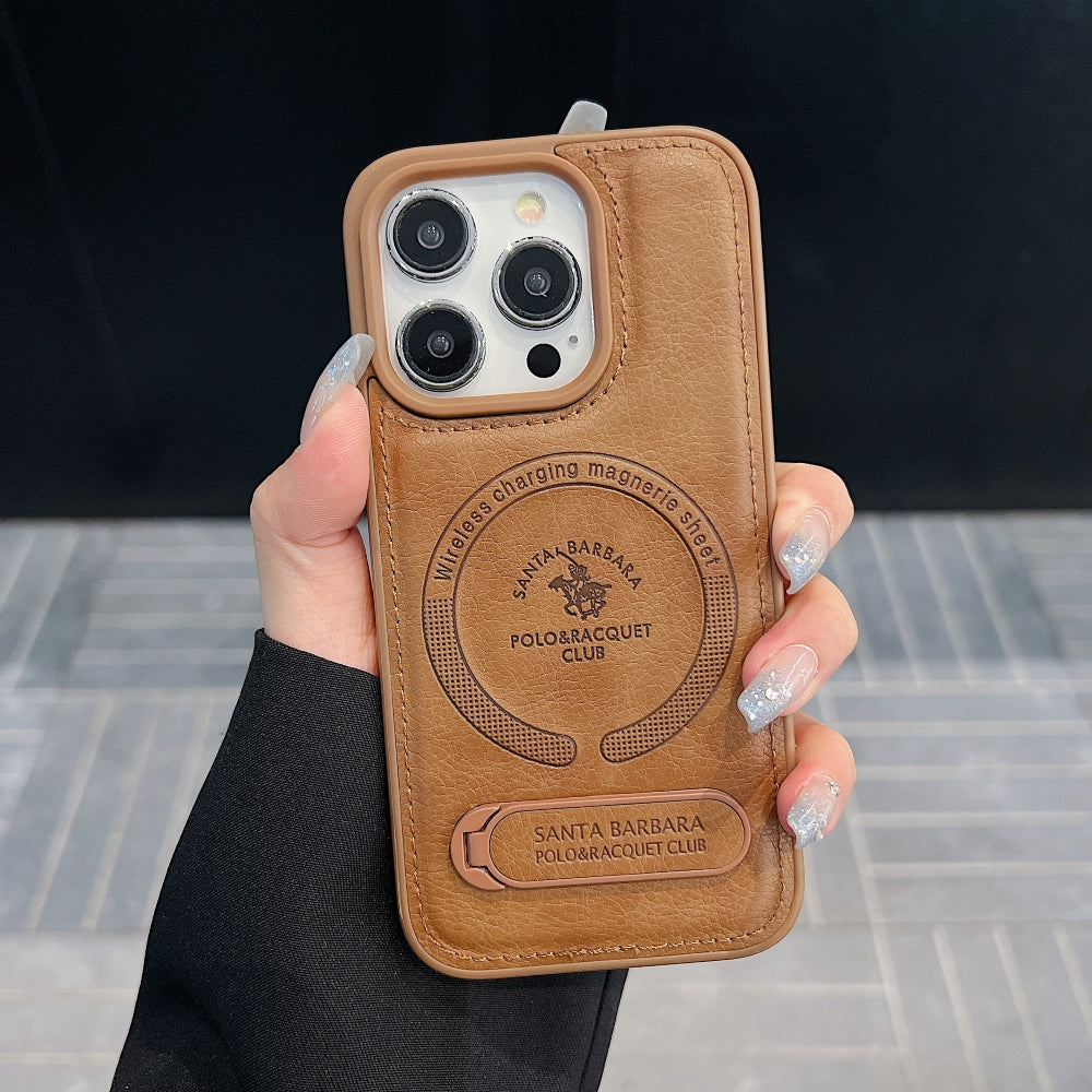 Wireless Charging PU Leather Rugged Kickstand Phone Case - iPhone 16 Pro