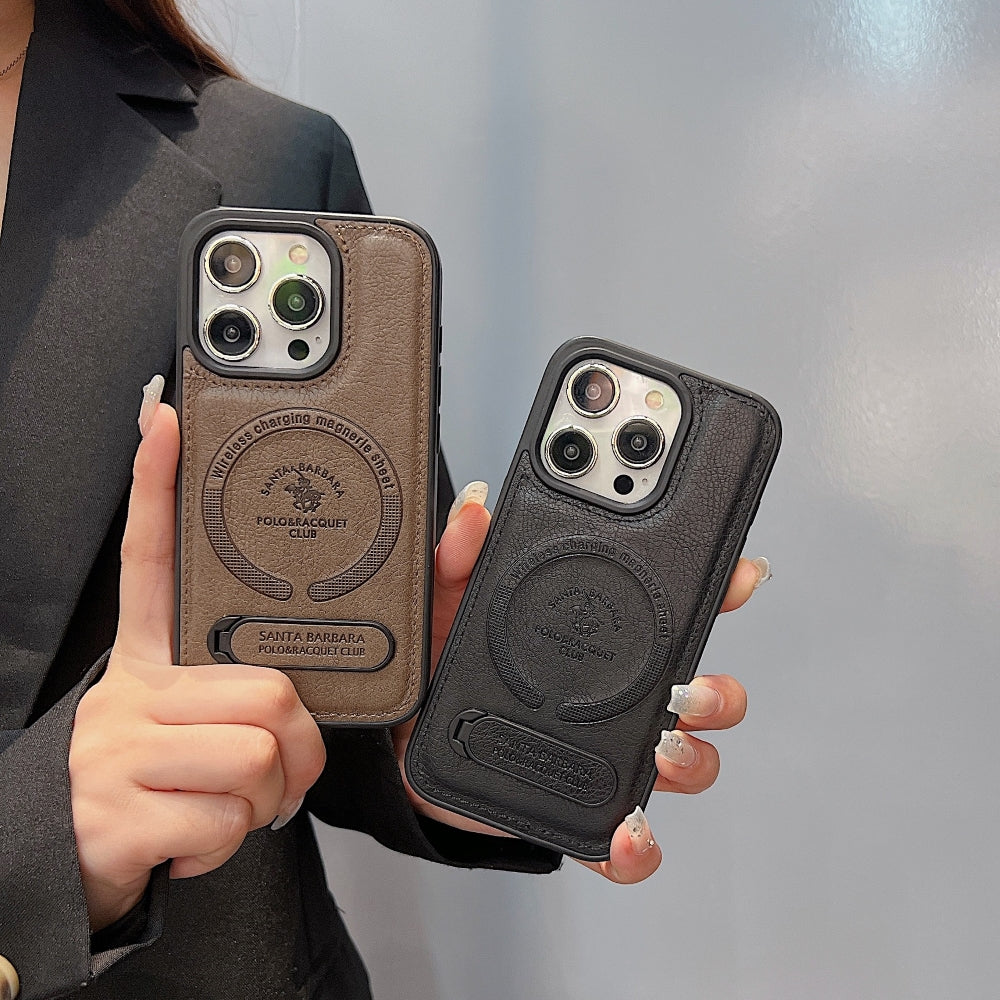 Wireless Charging PU Leather Rugged Kickstand Phone Case - iPhone 16 Pro