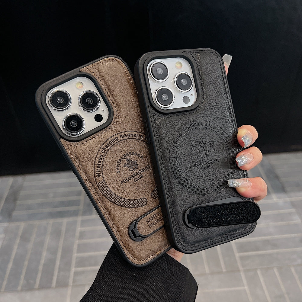 Wireless Charging PU Leather Rugged Kickstand Phone Case - iPhone 16 Pro