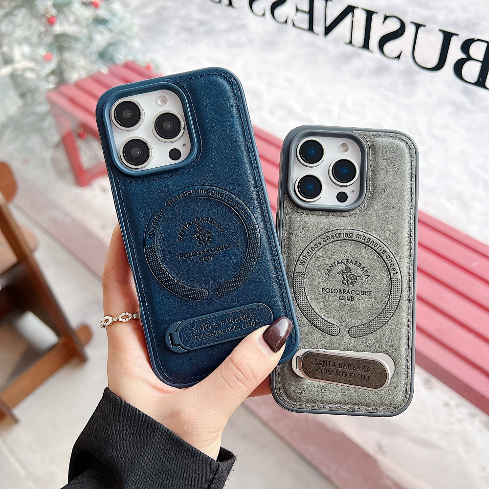 Wireless Charging PU Leather Rugged Kickstand Phone Case - iPhone 16 Pro
