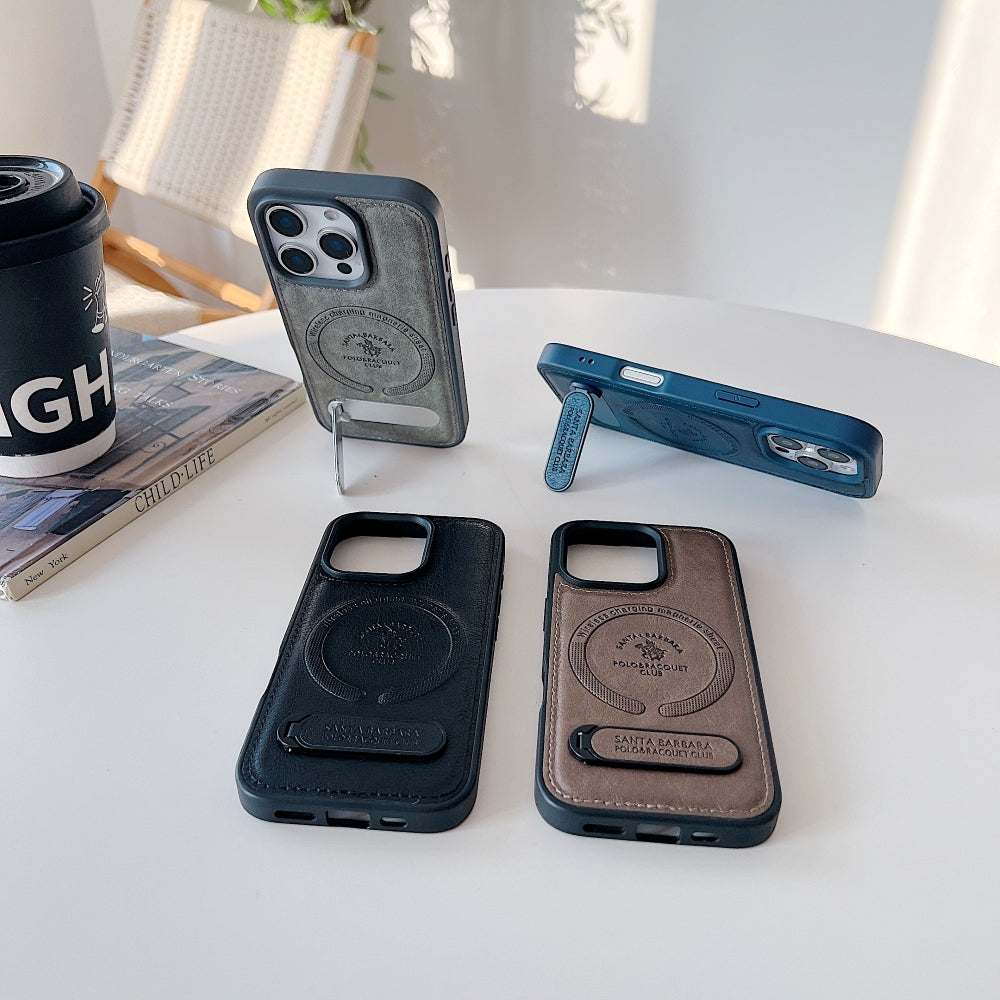 Wireless Charging PU Leather Rugged Kickstand Phone Case - iPhone 16 Pro