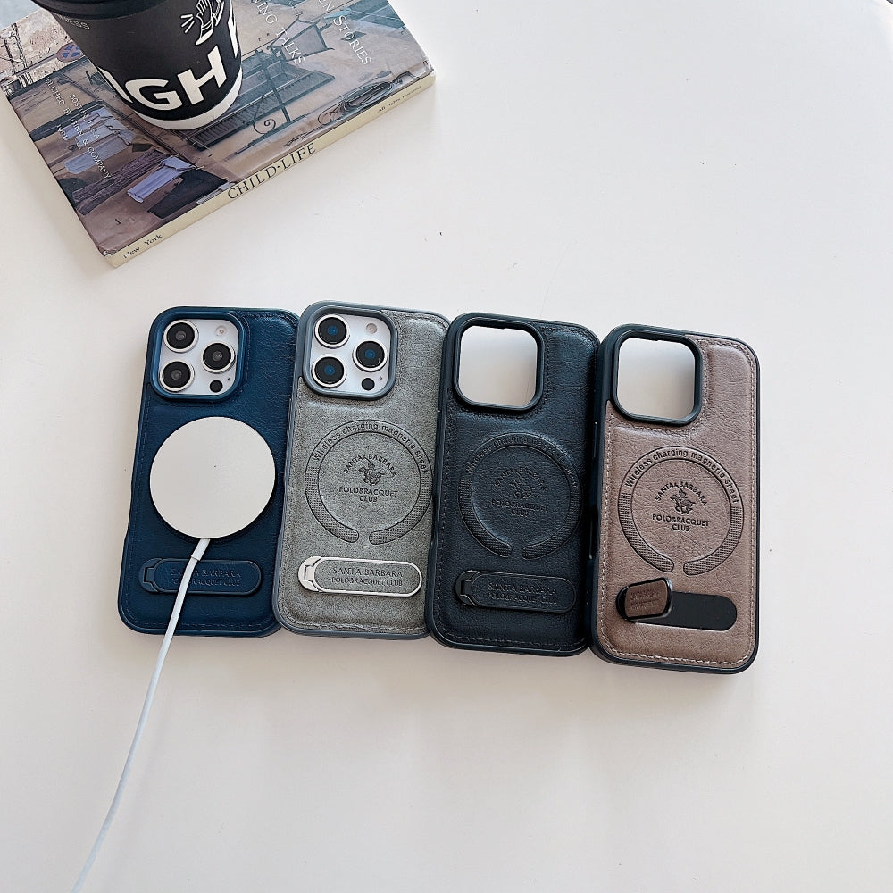 Wireless Charging PU Leather Rugged Kickstand Phone Case - iPhone 16 Pro