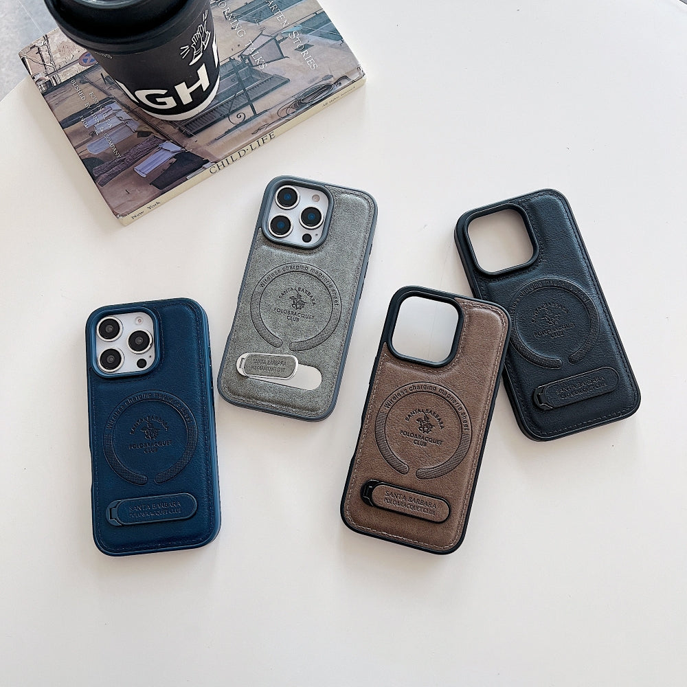 Wireless Charging PU Leather Rugged Kickstand Phone Case - iPhone 16 Pro