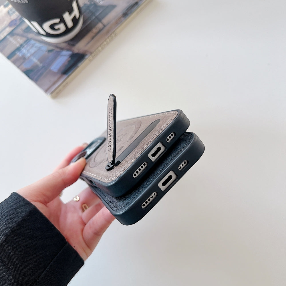 Wireless Charging PU Leather Rugged Kickstand Phone Case - iPhone 16 Pro