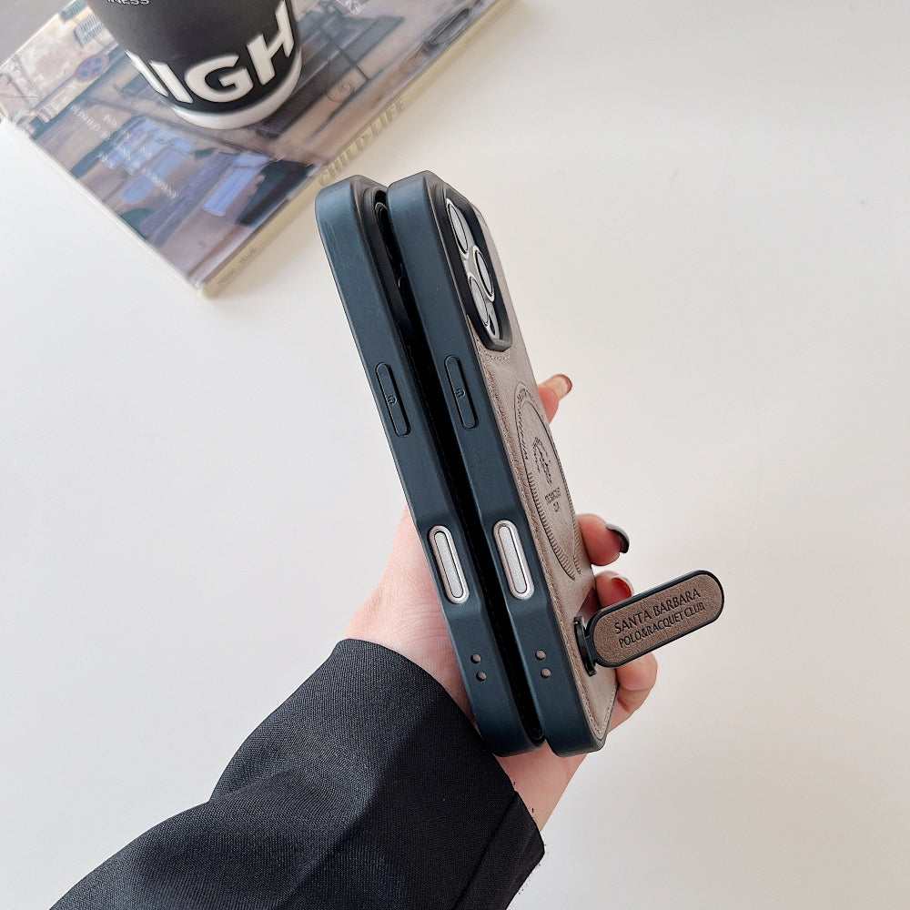 Wireless Charging PU Leather Rugged Kickstand Phone Case - iPhone 16 Pro