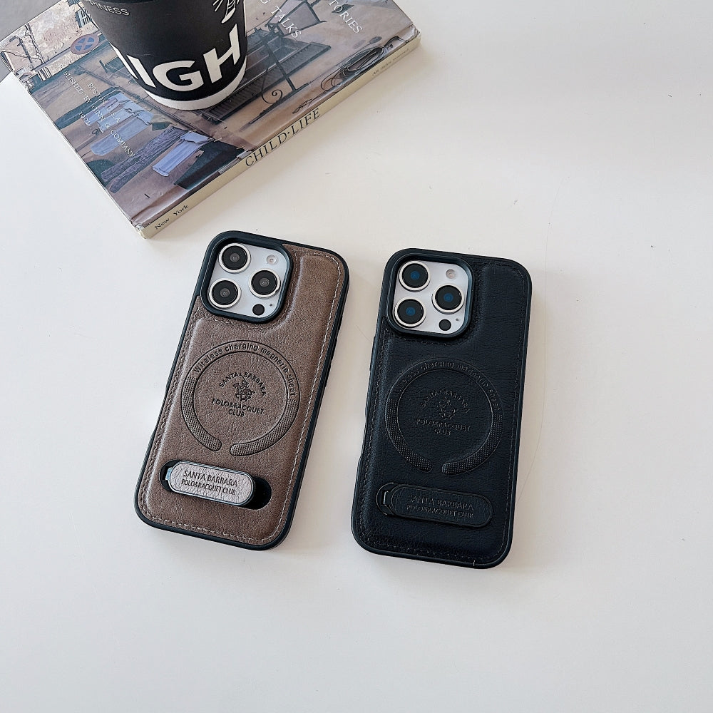 Wireless Charging PU Leather Rugged Kickstand Phone Case - iPhone 16 Pro